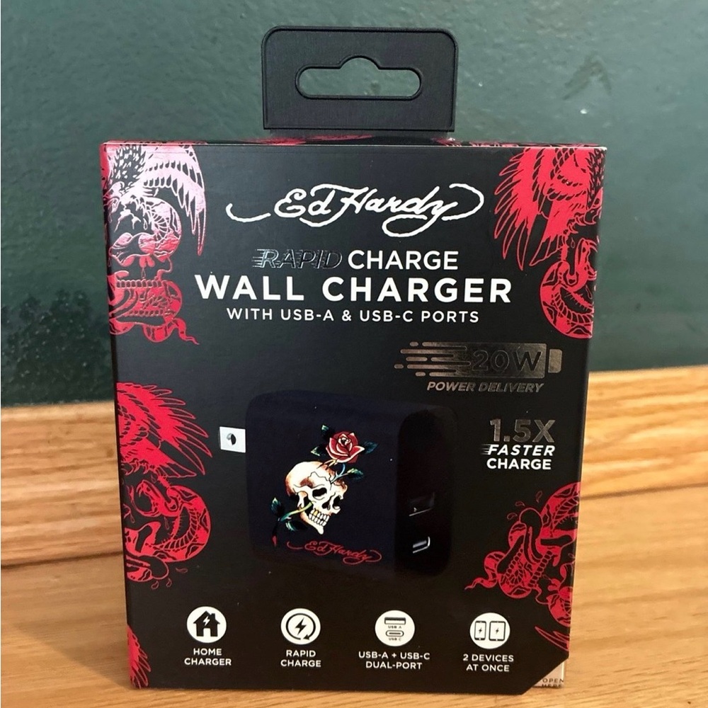 Ed Hardy Black Charger with Skull and Rose Design